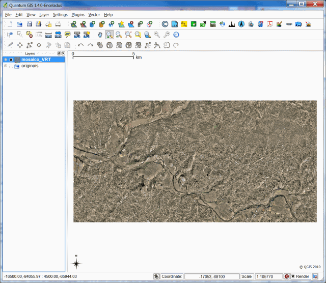 Mosaico VRT visualizado no QGIS 1.4.0